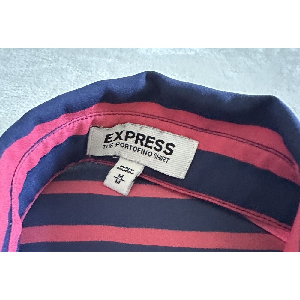 Express The Portofino Shirt Womens Navy Blue Pink Striped Blouse Roll Tab - Med - Picture 6 of 6